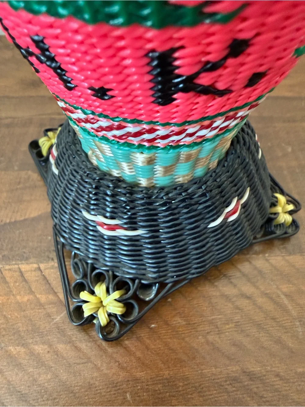 Vintage 1960s Chinese Scoubidou Woven Plastic Covered Glass Vase Bird 10” Kitsch
